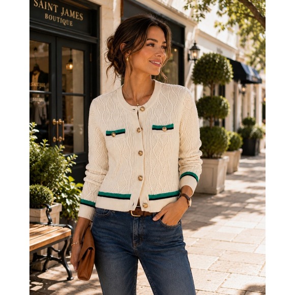 Tahari Sweaters - Tahari Cable Knit Cardigan Gold Button Preppy Old Money Quiet Luxury Cream Sz M